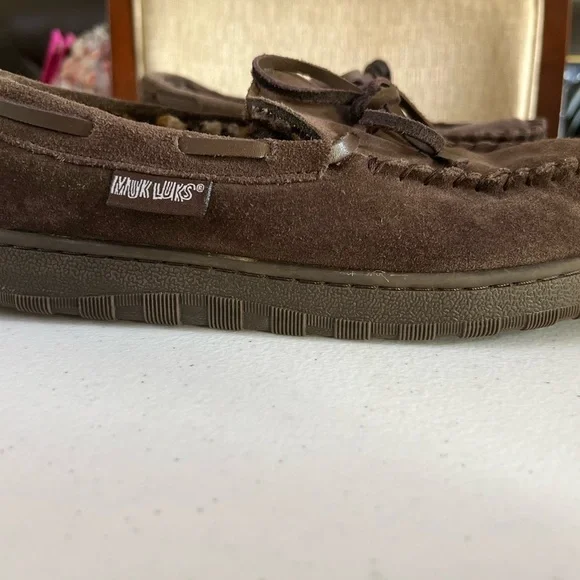 muk luks Loafer Moccasins Shoes Men’s 9 Cow suede Upper Brown Fur Comfy Casual - Picture 2 of 7